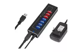 Концентратор Dynamode 4*USB3.0 data ports + 3*2.4А charge with Power Adaptor metal (DM-UH-P407) - Фото