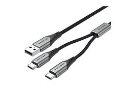Дата кабель USB 2.0 AM to 2хUSB-C M 1.0m Y-Splitter Charging Cable 2.4А 480Mbps Aluminum Al Vention (CQOHF) - Фото