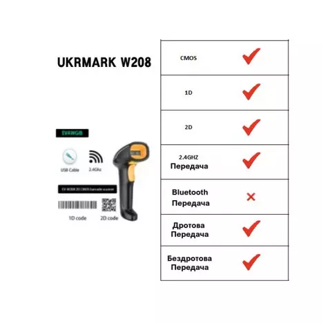 Сканер штрих-кода UKRMARK EV-W208 2D, беспроводной, USB (900564) - Фото 3