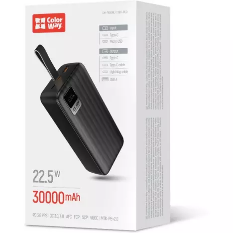 Батарея универсальная ColorWay 30 000 mAh PD/18W, QC3.0/22.5, Digital Display, Black (CW-PB300LPC5BK-PDD) - Фото 8