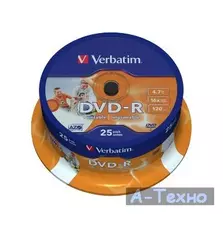 Диск DVD Verbatim 4.7Gb 16X CakeBox 25шт Printable (43538)