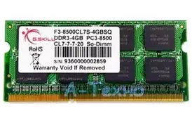 Модуль пам'яті для ноутбука SoDIMM DDR3 4GB 1066 MHz G.Skill (F3-8500CL7S-4GBSQ) - Фото