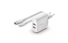 Зарядное устройство Belkin Home Charger (24W) DUAL USB 2.4A, USB-C 1m, white (WCE002VF1MWH) - Фото
