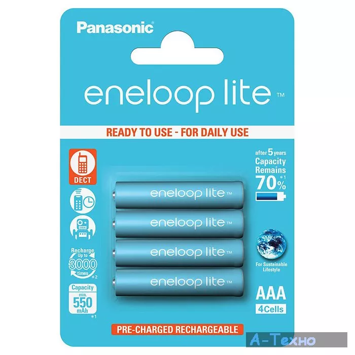 Аккумулятор PANASONIC Eneloop Lite AAA 550mAh NI-MH * 4 (BK-4LCCE/4BE) - Фото 1