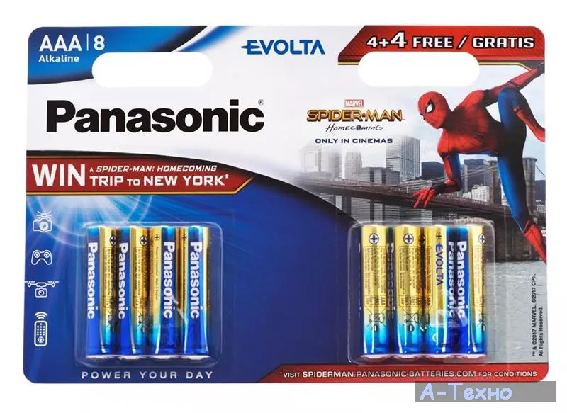 Батарейка PANASONIC AAA LR03 Evolta Alkaline Spider Man * 8 (LR03EGE/8B4FSM) - Фото 1