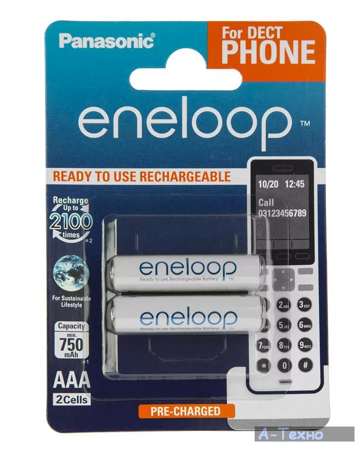 Аккумулятор PANASONIC Eneloop AAA 750mAh NI-MH Dect Series * 2 (BK-4MCCE/2DE) - Фото 1