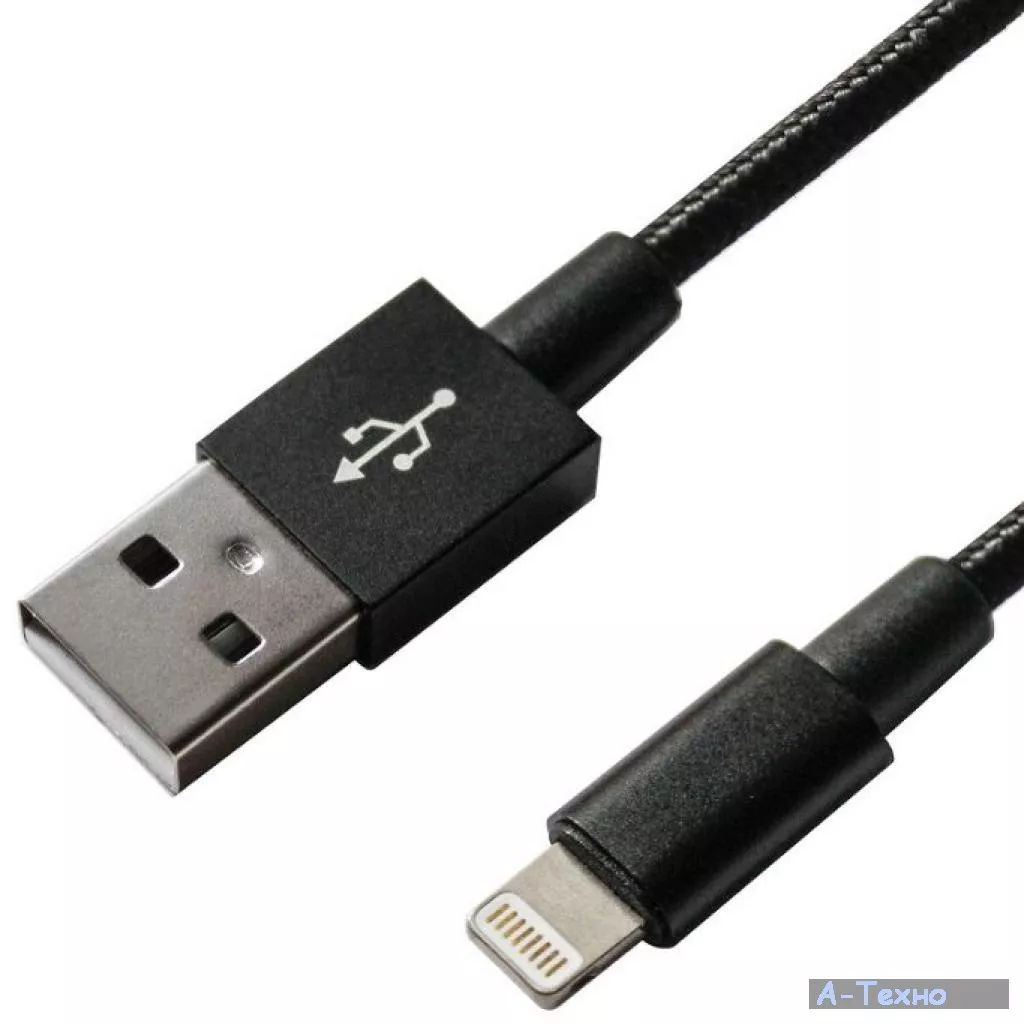 Дата кабель USB 2.0 AM to Lightning 1.0m MFI, Black/Black Grand-X (FL01BB) - Фото 1