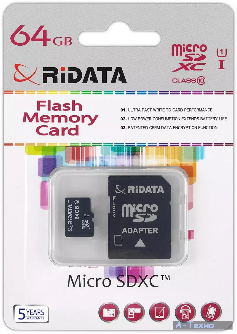 Карта памяти RiDATA microSDXC 64GB Class 10 UHS-I + SD адаптер (FF964426) - Фото 1