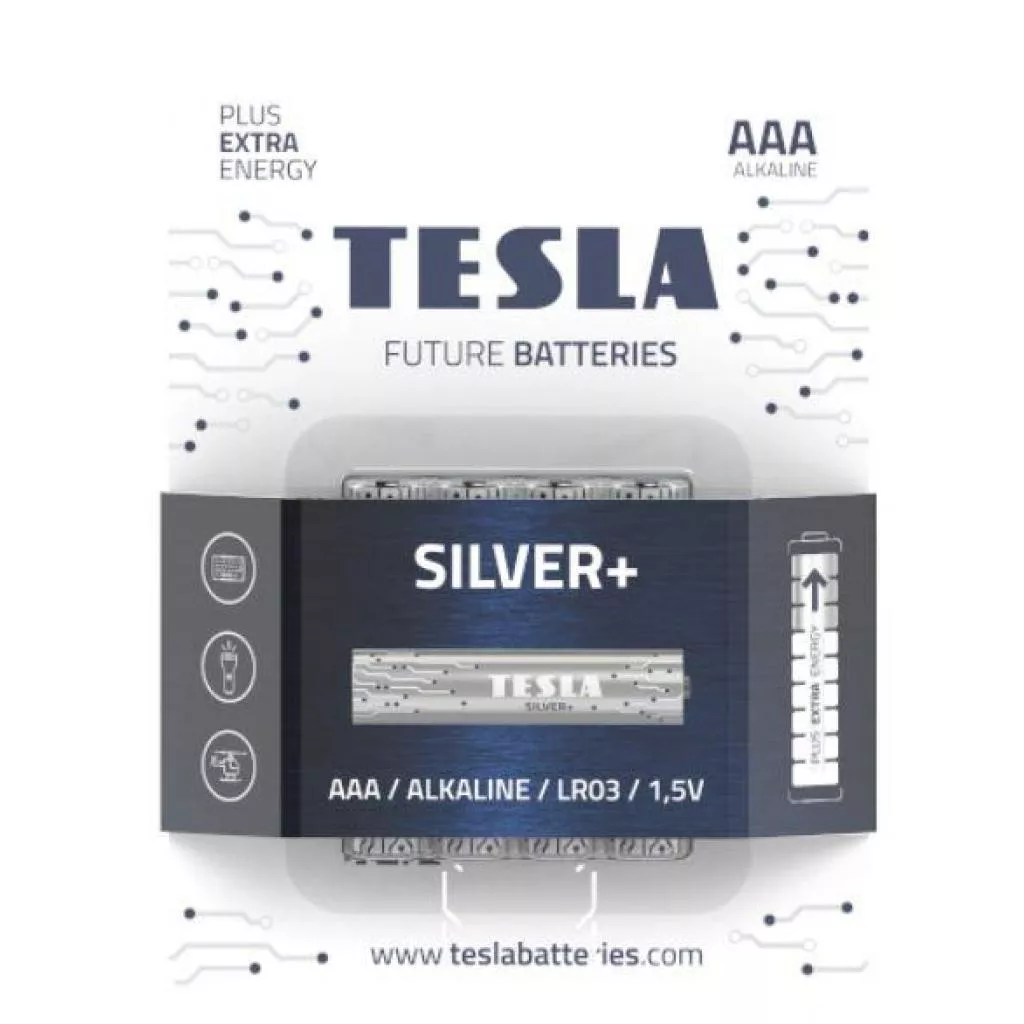 Батарейка Tesla AAA Silver+ LR03 ALKALINE 1.5V * 4 (8594183392363) - Фото 1