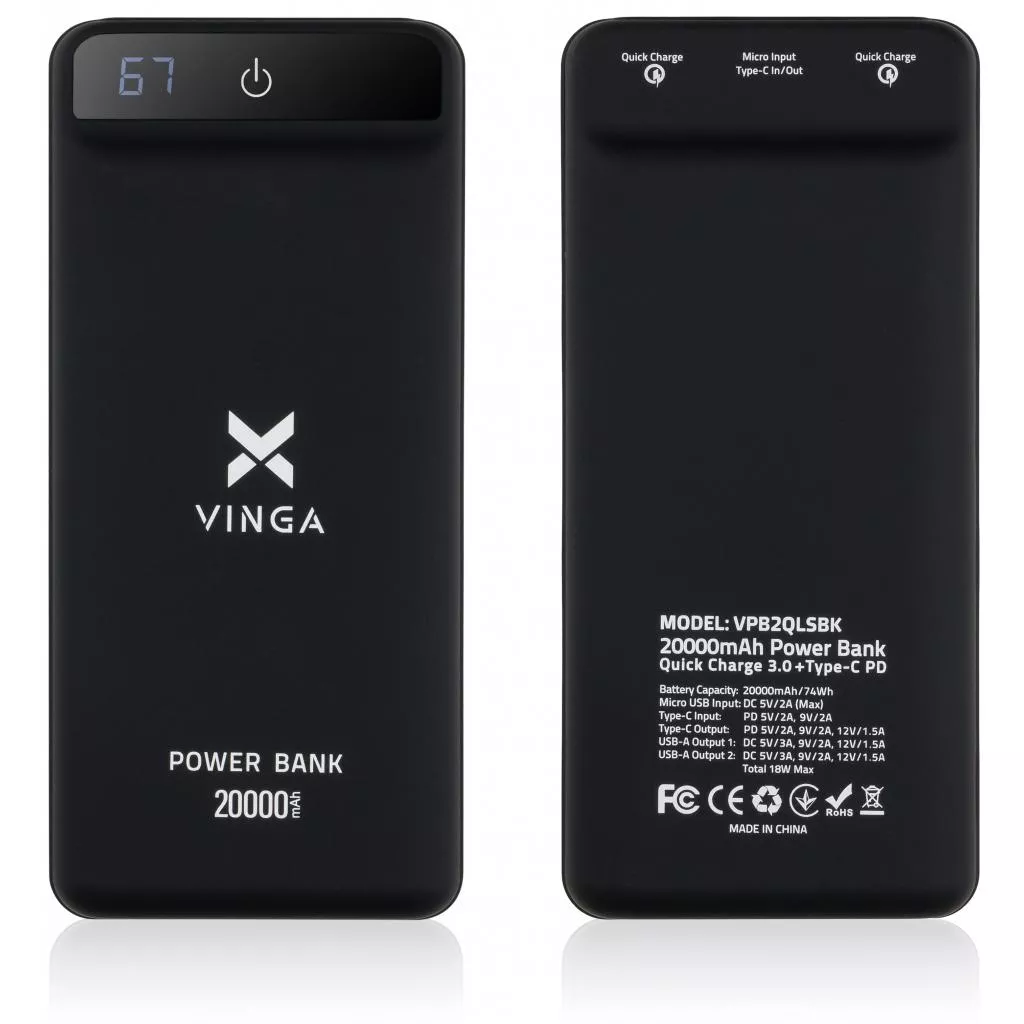 Батарея универсальная Vinga 20000 mAh QC3.0 Display soft touch black (VPB2QLSBK) - Фото 9